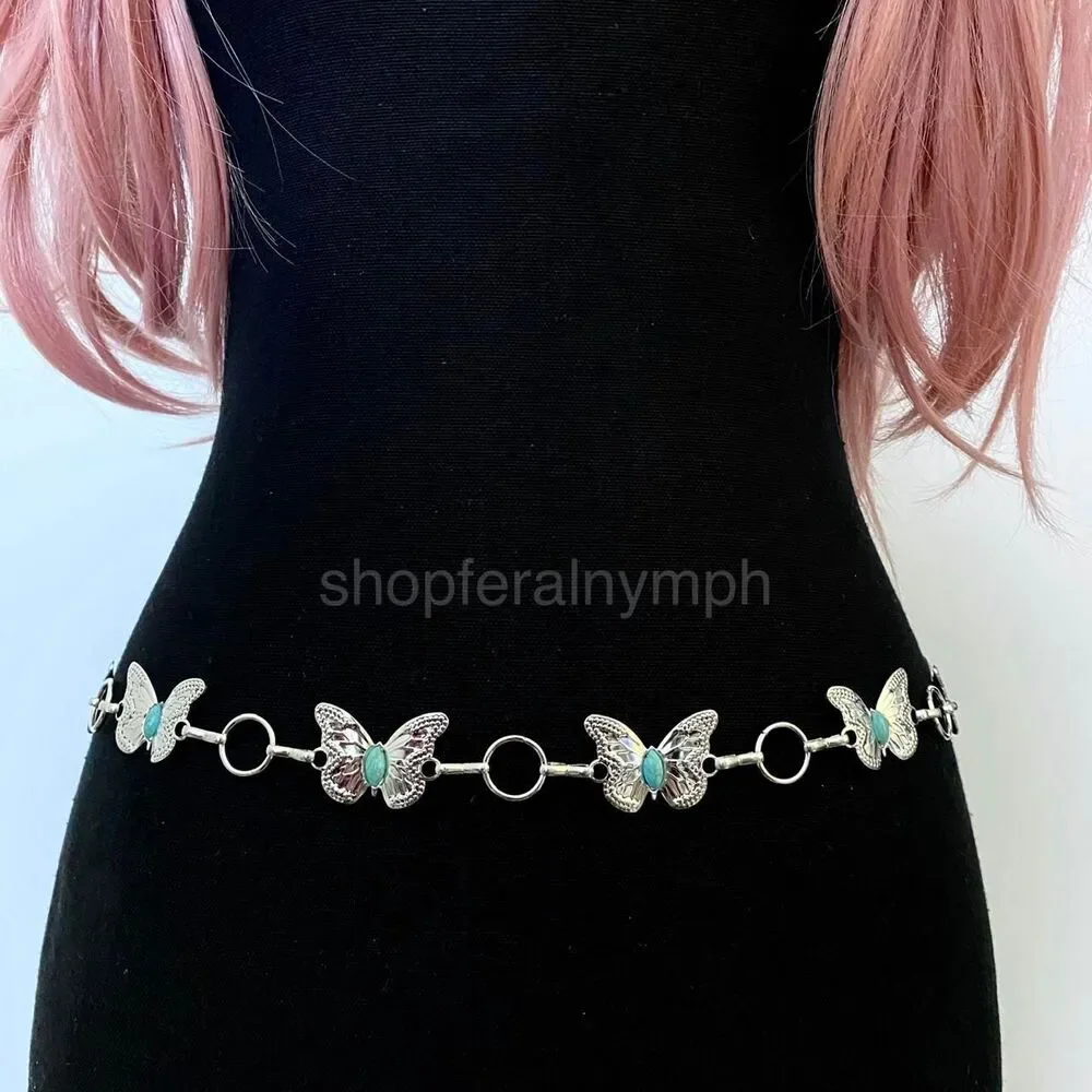 Silver Y2K Western Butterfly Turquoise Chain Belt, Fits 24-42 Inches, X7GA1343